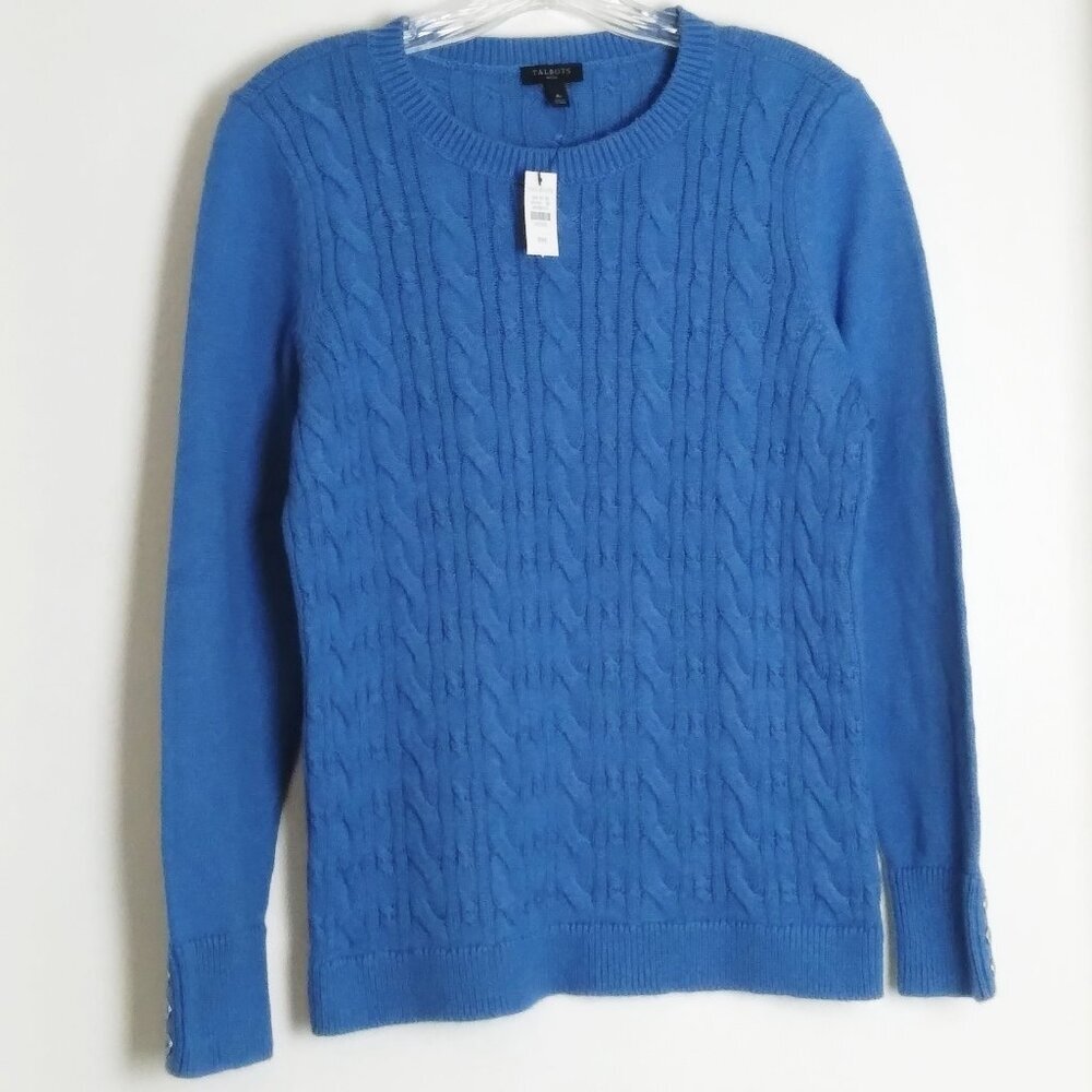 Cerulean Blue Crew Neck Cable Body Long Sleeve Button Cuff Sweater  NWT Sz PM